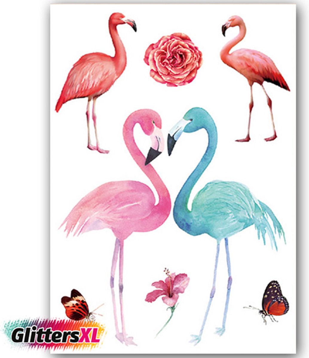 GlittersXL - Temporary Tattoo Flamingo (A5 formaat) [Neptattoo - Tijdelijke tatoeage - Nep Fake Tattoos - Water overdraagbare festival sticker henna outfit tattoo - Glitter tattoo - Volwassenen Kinderen Jongen Meisje]